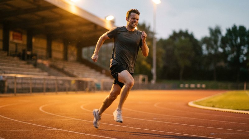 Runner mid-stride on a track at dusk during high-intensity intervals.
